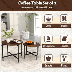 Round Coffee Table Set of 2 with Heavy-Duty Metal Frame-Rustic Brown