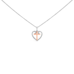 14K Rose Gold Plated Sterling Silver 1/5 Cttw Diamond Heart Cross Pendant Necklace