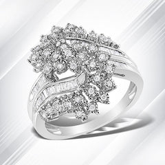 10K White Gold 1/2 Cttw Round and Baguette-Cut "S" Shaped Bypass Cocktail Ring (I-J Color, I1-I2 Clarity) - Size 7