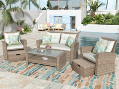 U-Style Patio Furniture 4 Piece Outdoor Wicker Sectional Sofa Set with Ottoman and Cushions