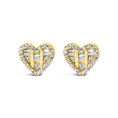 14K Yellow Gold Plated .925 Sterling Silver 1/2 Cttw Round and Baguette Diamond Composite Heart Shaped Stud Earring (I-J Color, SI2-I1 Clarity)