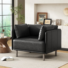 Vintage Black Faux Leather Lounge Chair with Solid Wood Frame