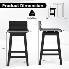 24.5 Inch Swivel Wooden Bar Stools Set of 2 with Rubber Wood Legs and Low Back