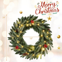 24” Pre-lit Christmas Wreath Front Door Artificial Xmas Wreath with 90 Frosted Branch Tips