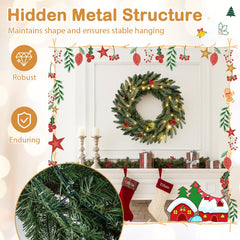 24” Pre-lit Christmas Wreath Front Door Artificial Xmas Wreath with 90 Frosted Branch Tips