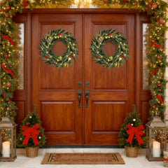 24” Pre-lit Christmas Wreath Set of 2 Front Door Artificial Xmas Wreath with 90 Frosted Branch Tips