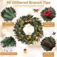 24” Pre-lit Christmas Wreath Set of 2 Front Door Artificial Xmas Wreath with 90 Frosted Branch Tips