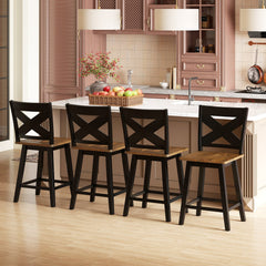 24" Rubberwood Swivel Barstools Set of 4 with Backrest and Large Seat