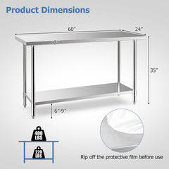 24 x 60 Inches Stainless Steel Kitchen Prep Work Table with Adjustable Undershelf