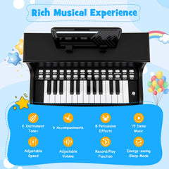 25 Keys Kids Piano Keyboard with Stool Mini Digital Piano Wooden Toy with Adjustable Speed and Volume