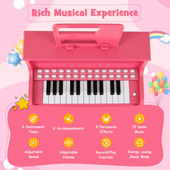 25 Keys Kids Piano Keyboard with Stool Mini Digital Piano Wooden Toy with Adjustable Speed and Volume