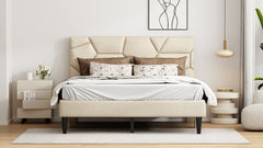 Queen Bed Frame with Linen Storage Headboard in Beige