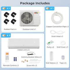27000 BTU 3 Zone 22 SEER2 Mini Split AC with Heat Pump