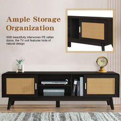 63'' Dark Rattan TV Stand with 2 Storage Cabinets and Solid Wood Legs