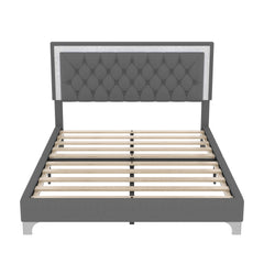 3-Pieces Bedroom Set, Queen Size Upholstered Platform Bed with LED Lights and Two Nightstands - Gray