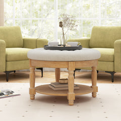 29 Inch Large Round Ottoman Coffee Table 2-Tier Upholstered Tufted Footrest Ottoman with Flip-up Top-Beige