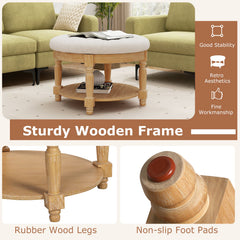 29 Inch Large Round Ottoman Coffee Table 2-Tier Upholstered Tufted Footrest Ottoman with Flip-up Top-Beige