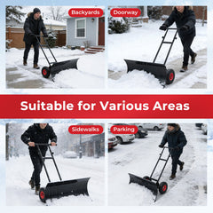 29 Inch Snow Pusher Heavy Duty Metal Shovel with Wheels and Adjustable Handle-Black