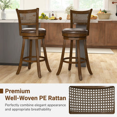 29 Inches Swivel Counter Height Barstool Set of 2 with Rattan Backrest and Footrest-Brown