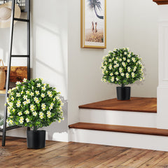 2 Pack Artificial Boxwood Topiary Ball Tree Faux Shrub Bushes with Flowers-White