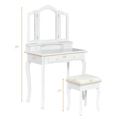 4 Drawers Wood Mirrored Vanity Dressing Table with Stool