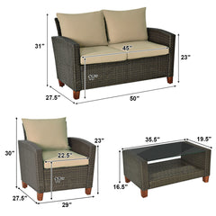 4 Pieces Patio Rattan Furniture Set with Cushions