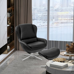 360° Swivel Leather Lounge Chair with Ottoman and Aluminum Alloy Base