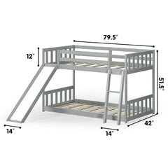 Twin over Twin Bunk Wooden Low Bed with Slide Ladder for Kids