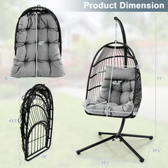 Patio Hanging Egg Chair with Stand Waterproof Cover and Folding Basket-Gray