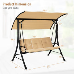 3-Seat Outdoor Porch Swing with Adjustable Canopy and Padded Cushions-Beige