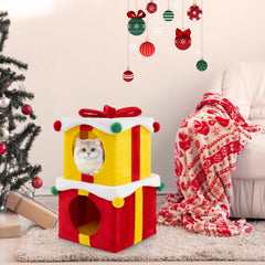 2 Gift Box Shaped Cute Christmas Cat House with Bow-Multicolor