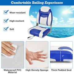 2 Pieces High Back Folding Boat Seat Set with Sponge Cushion-Blue
