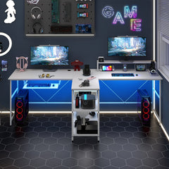 2-Person Reversible Computer Desk Long Office Desk with LED Lights-White