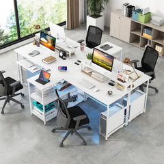 2-Person Reversible Computer Desk Long Office Desk with LED Lights-White