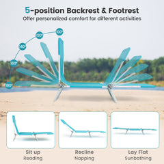 2 Pieces 5-position Lay Flat Beach Recliner with Carry Strap and Metal Frame