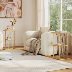 2 Pieces Side Table with Storage Shelves and Bamboo Construction-Natural