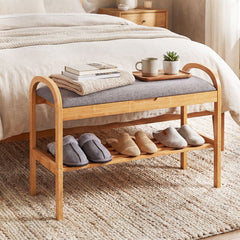 2-Tier Bamboo Shoe Bench with Storage and Padded Cushion-Gray