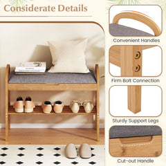 2-Tier Bamboo Shoe Bench with Storage and Padded Cushion-Gray