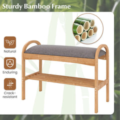 2-Tier Bamboo Shoe Bench with Padded Cushion and Shelf-Gray