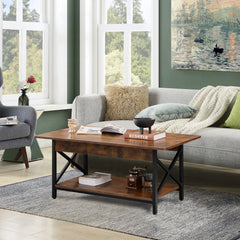 2-Tier Industrial Rectangular Coffee Table with Storage Shelf-Rustic Brown