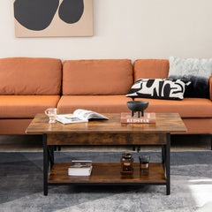 2-Tier Industrial Rectangular Coffee Table with Storage Shelf-Rustic Brown