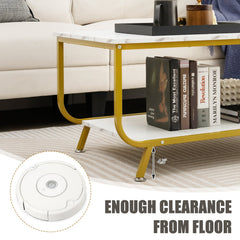 2-Tier Faux Marble Top Rectangular Coffee Table with Metal Frame-White