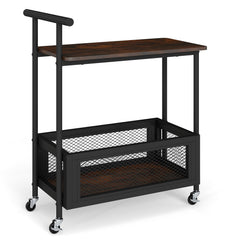 2-Tier Rolling End Table with Handle and Mesh Basket-Rustic Brown