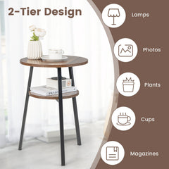 2-Tier Round End Table with Open Shelf and Triangular Metal Frame