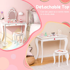 2 in 1 Children Pretend Makeup Vanity Set with Removable Mirror and Storage Drawer-White