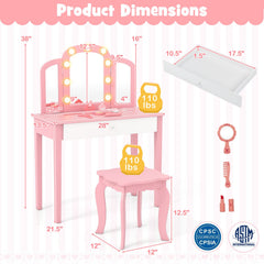 2-in-1 Kids Vanity Table Set with Tri-Folding Detachable Mirror and Lights