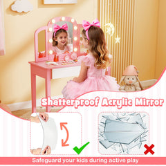 2-in-1 Kids Vanity Table Set with Tri-Folding Detachable Mirror and Lights