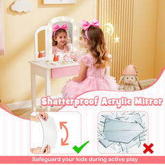 2-in-1 Kids Vanity Table Set with Tri-Folding Detachable Mirror and Lights