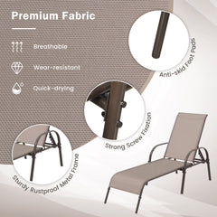 2 Pcs Outdoor Patio Lounge Chair Chaise Fabric with Adjustable Reclining Armrest-Brown