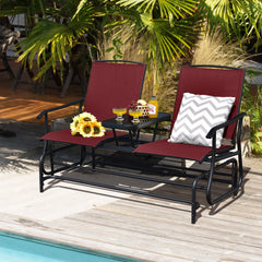 2-Person Double Rocking Loveseat with Mesh Fabric and Center Tempered Glass Table-Red